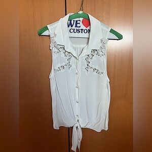 Sleeveless White Tie Front Blouse with Pearl Buttons, Size Medium
